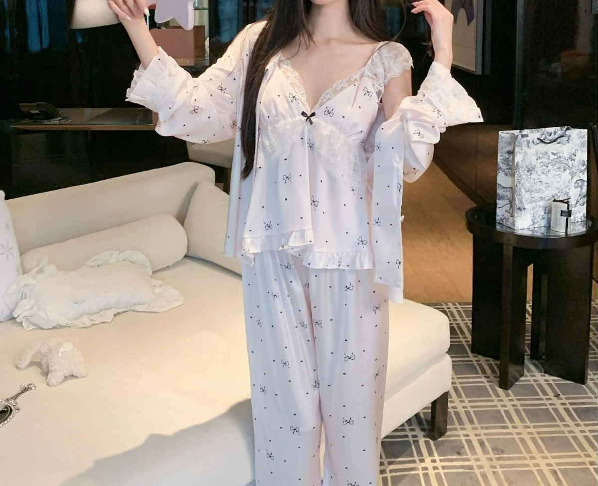 Ice Silk Suspender Shorts Chest Pad Pajamas Women's Summer Sexy Loungewear New Long-sleeved Spring and Summer Four-piece Set