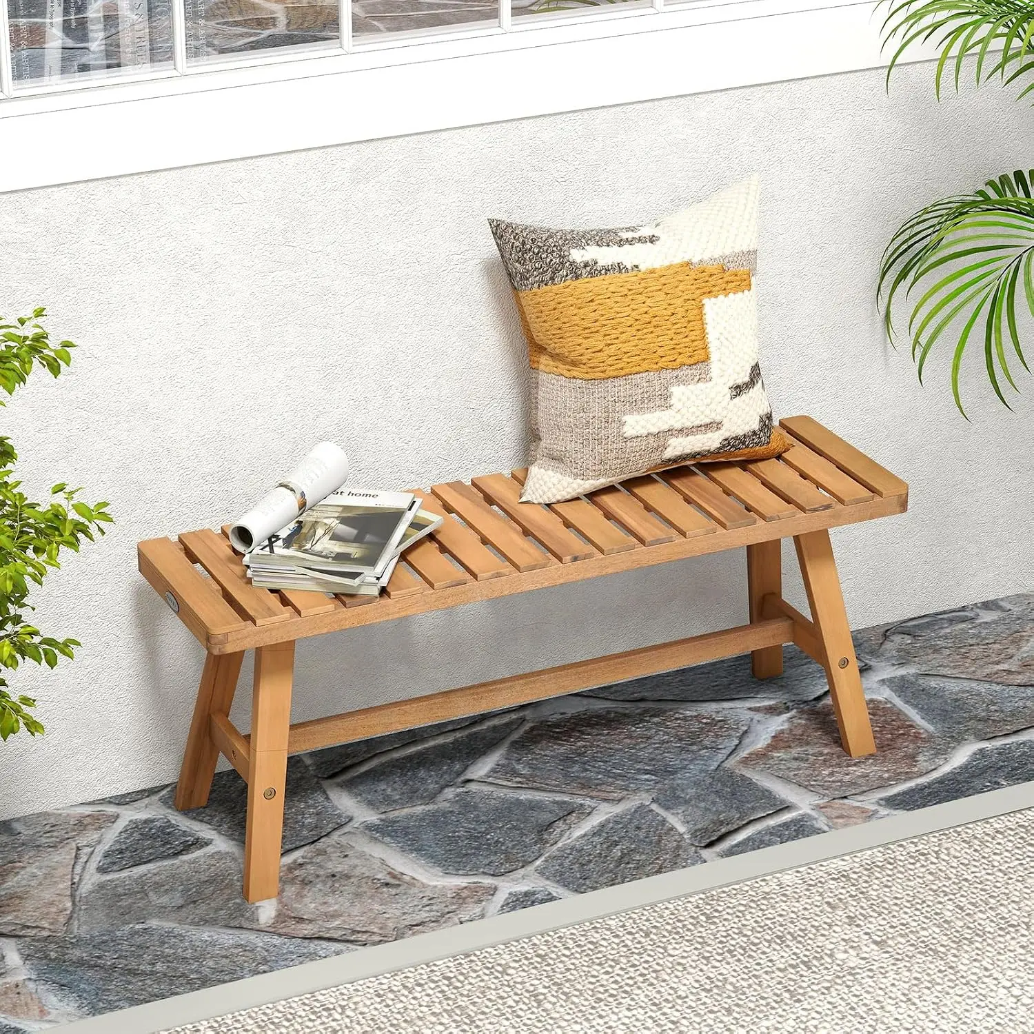 Acacia Wood Outdoor Garden Bench, 2-Person Patio Backless Bench with Slatted Seat, 800 lbs Capacity, Outside Dining Bench