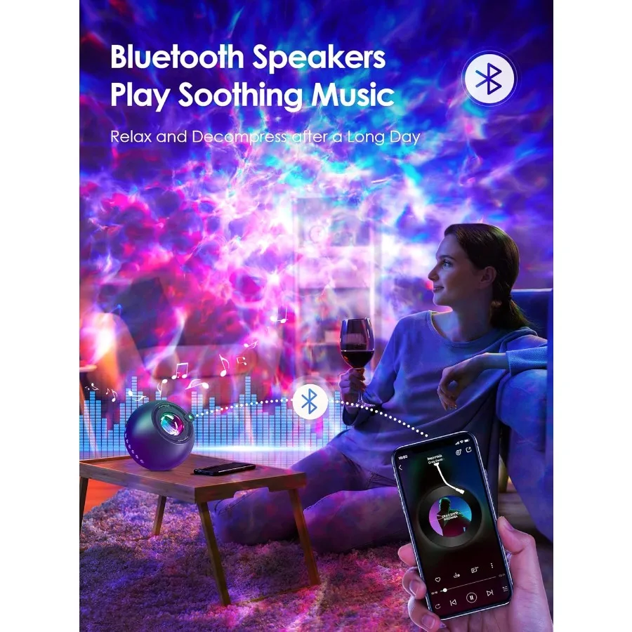 15 لونًا مع 360 وضع إضاءة و15 خيارًا للضوضاء البيضاء للاسترخاء والأجواء ومكبر صوت بلوتوث متكامل Galaxy Ne