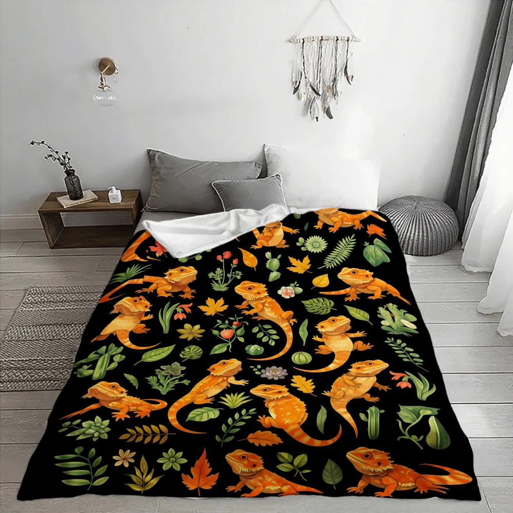 Cute Bearded Dragon Pattern, Reptile Lover Gift, Soft Fleece Blanket, Orange Lizard And Green Leaf Design, Cozy Home Decor Throw