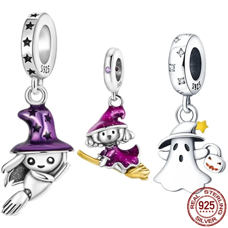 Charms Fit Pandora 925 Original Bracelet Sterling Silver Halloween Pumpkin The witch Luminous DIY Jewelry for Women