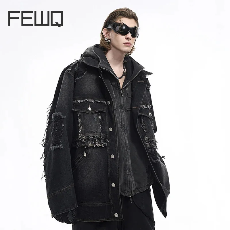 FEWQ Men's Tassel Denim Jacket Autumn Winter Multi Pocket 2024 Darkwear Turn-down Collar Solid Color Male Tops 24E5612