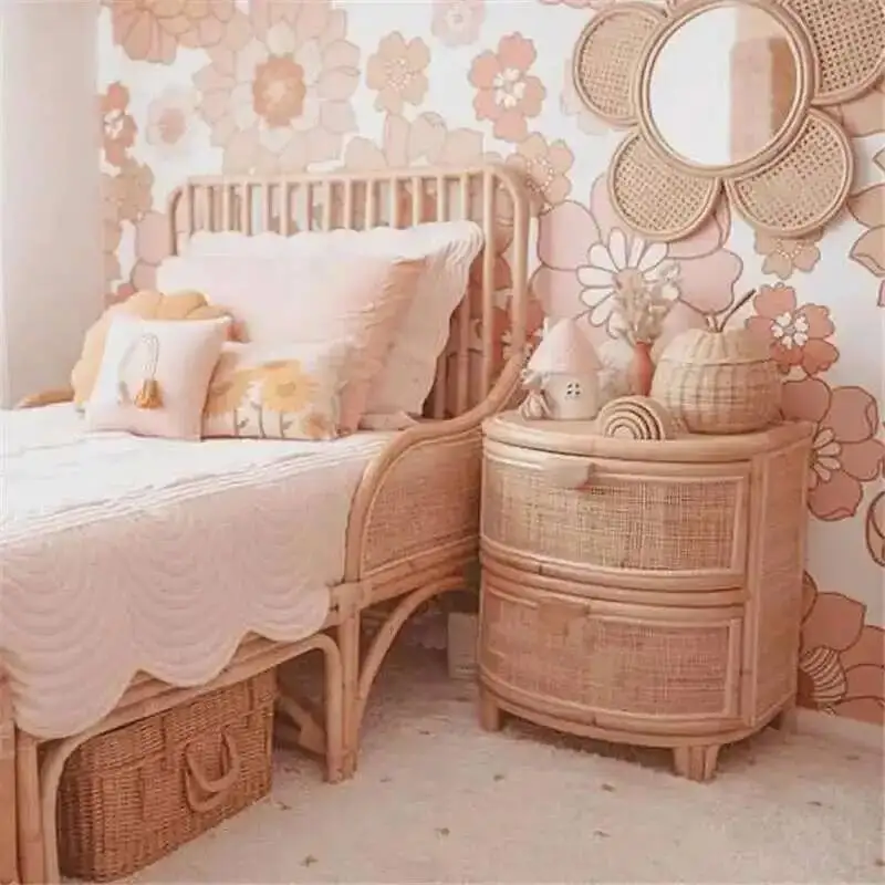 Storage Japanese-style Rattan Bedside Table Retro Nightstand Wood Cabinet Bedside Table Locker Bedroom Side Cabinet Bedside