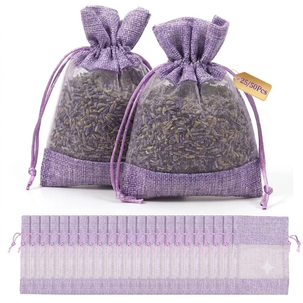25/50Pcs Lavender Sachet Bag Purple Reusable Empty Sachets Bag with Drawstring Spice Dry Flower Storage Bag for Drawers Closets