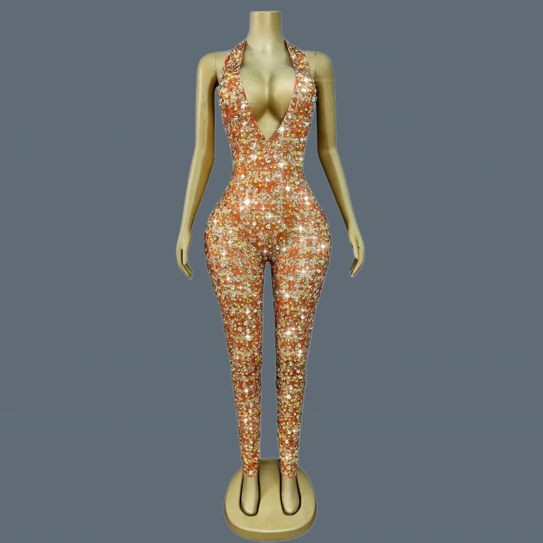 Sparkly Rhinestone Printing Tight Fitting Jumpsuit Event Party Sexy Night Club DJ Stage Dance Performance Sexy Outfit Qianjihua