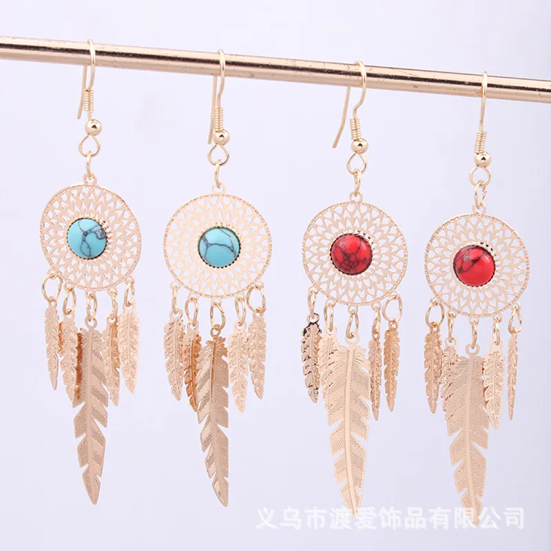 Retro ethnic style metal earrings dream catcher feather tassel fashion exotic style earrings jewelry women