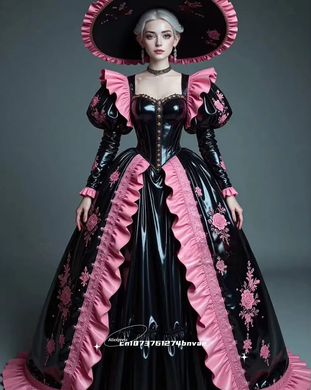 Schwarzes, pinkfarbenes, glänzendes PVC-Ballkleid im viktorianischen Stil mit Puffärmeln, Renaissance-Halloween-Cosplay-Kostüm mit floralen Spitzenapplikationen, individuell anpassbar