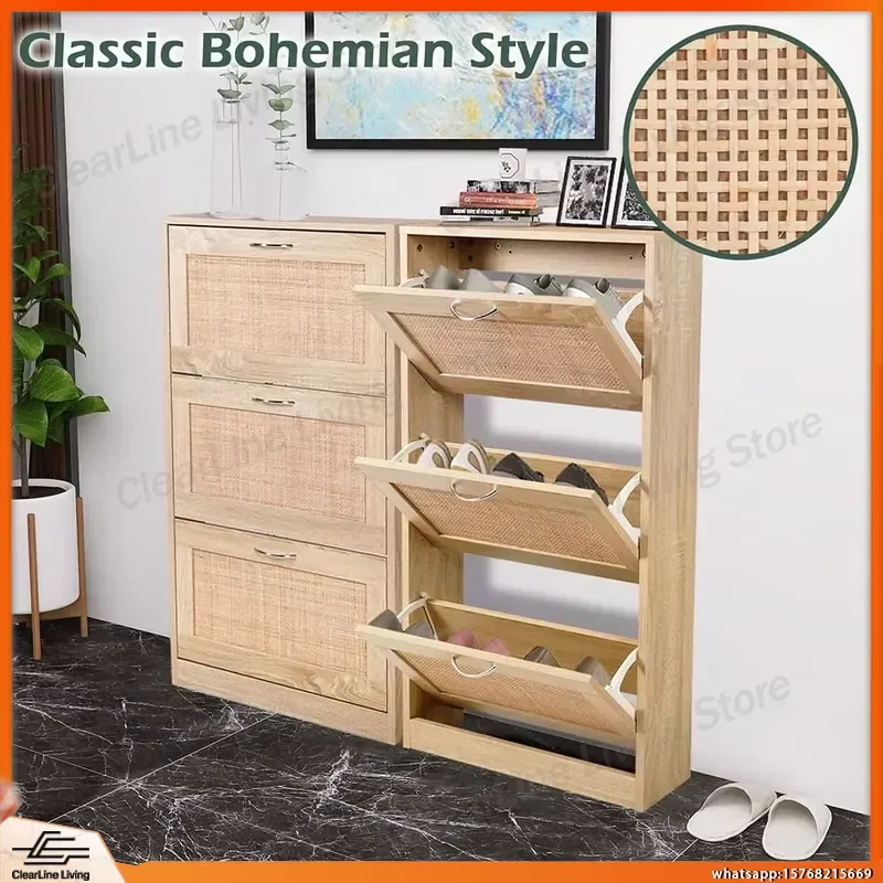

Rattan Shoe Cabinet Narrow Slim 3 Tier Wooden Shoe Storage Cabinet Hidden Design Space Saving Entryway Hallway Organizer for