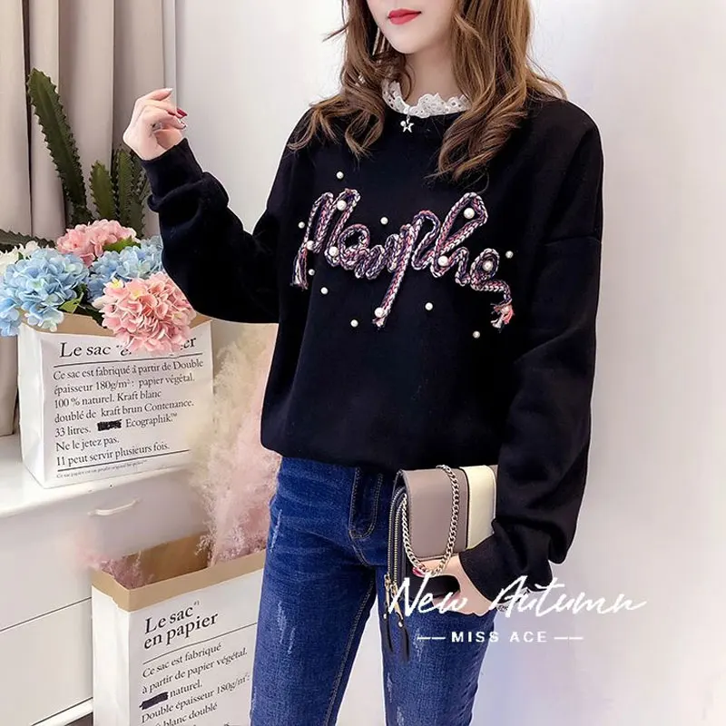 Female Clothing Casual 3D Letter Sweatshirts Fashion Pearl Beading Spring Autumn Korean Loose O-Neck Lace Patchwork Pullovers