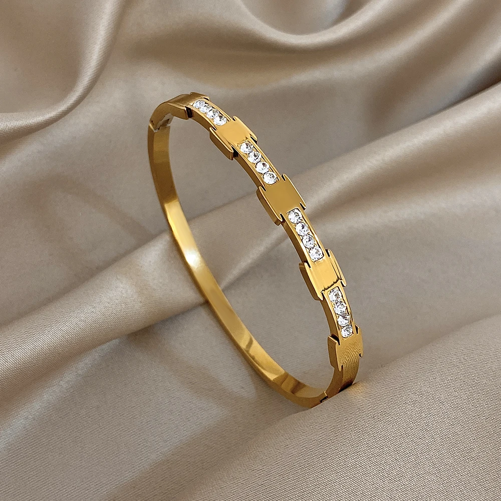 Freetry رائعة تألق أحجار الراين الفولاذ المقاوم للصدأ الكفة سوار للنساء أنيقة فاخرة الذهب اللون جولة واسعة الإسورة هدية #3