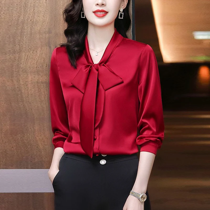 Spring Summer Oversized Elegant Fashion Solid Color Bow Shirt Ladies Long Sleeve Temperament All-match Blouse Femme Cardigan Top