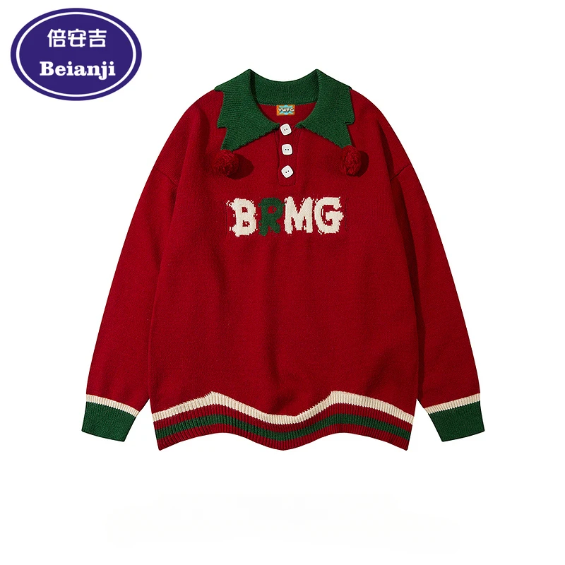 

Beianji Sweater American retro vibe letter Christmas red men's and women's Fall/Winter trend brand loose lapel knitwear