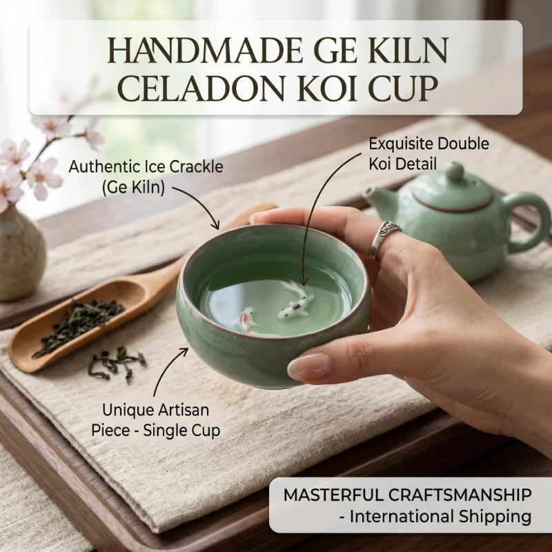 Longquan Celadon Porcelain Teacups Chinese Kungfu Teapot Golden Fish Tea Cup Bowl 60ml Crackle Tea Set Cups Drop Shipping