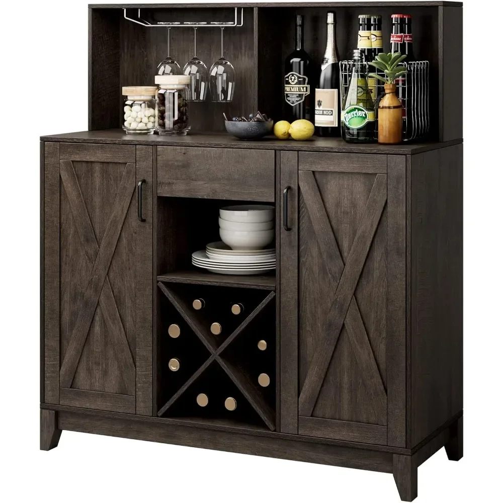 Moderner Bauernhaus-Kaffee-Barschrank, Wein- und Alkoholbarschrank mit Scheunentüren und Aufbewahrungsschrank, Küchen-Sideboard-Buffet, Dunkelbraun