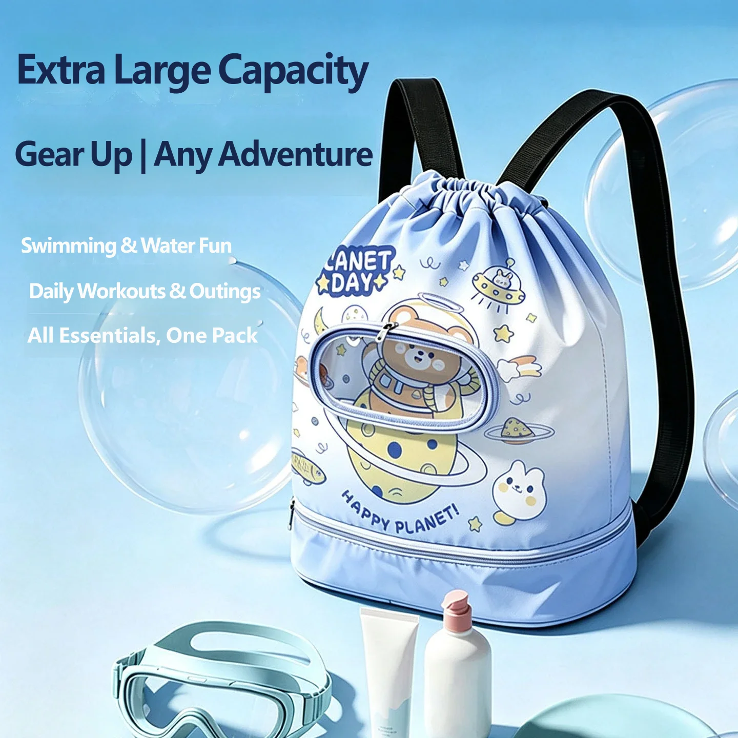 Cartoon Children's Swimming Backpack with Dry Wet Separation Design, Waterproof Drawstring Bag, Children's Beach Fitness Bag