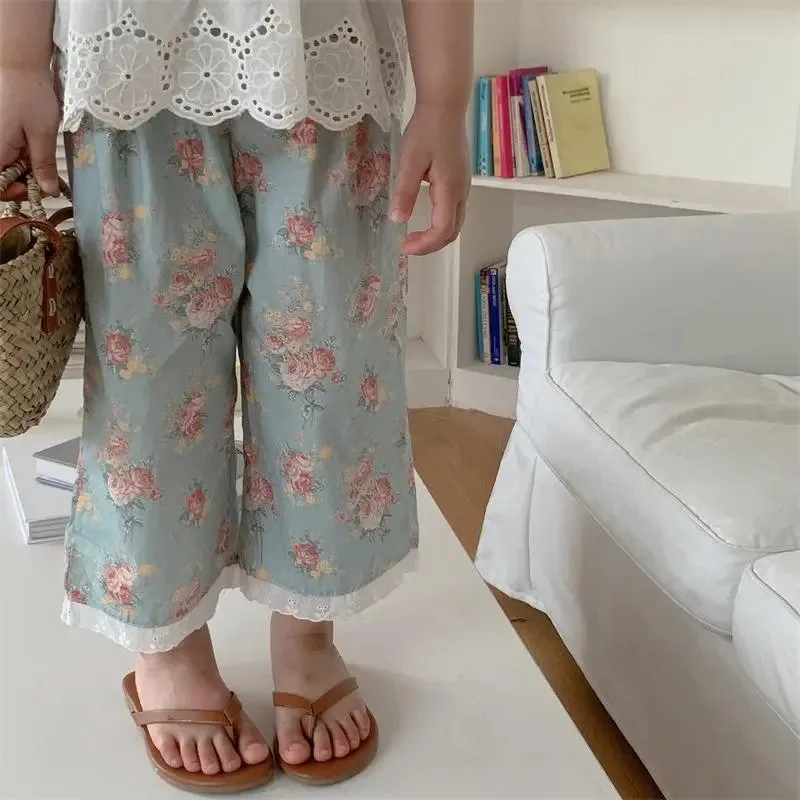 Summer Thin Korean Children\'S Floral Pants For Girls With Cotton Lace Stylish And Trendy Cropped Pants Baby Kids Trousers