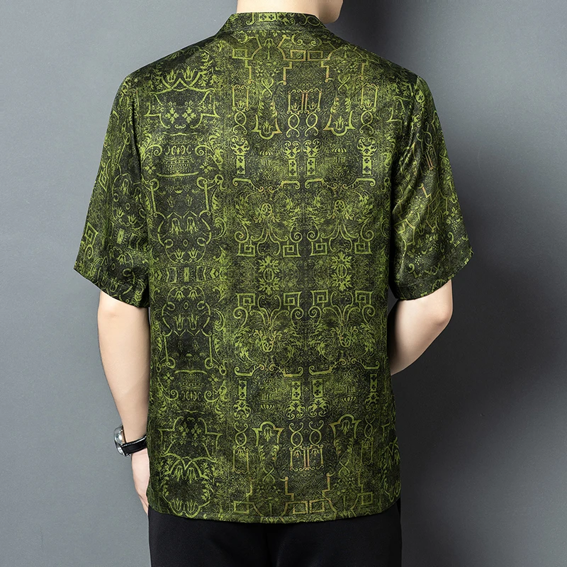 Tang Costume Real Silk 100% Shirts For Men Short Sleeve Luxurious Summer Quality Skin-Friendly Loose Fit Green Camisas De Hombre