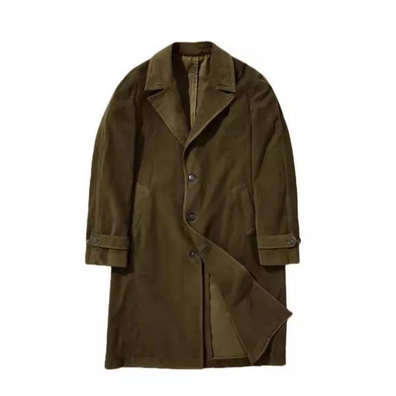 2024Lente en herfst heren trenchcoat corduroy halflange single-breasted effen kleur jas