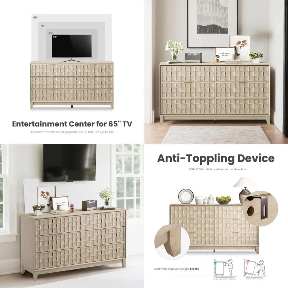 Solid Oak Sideboard Storage Cabinet with Metal Handles for Bedroom, Entryway, or Hallway