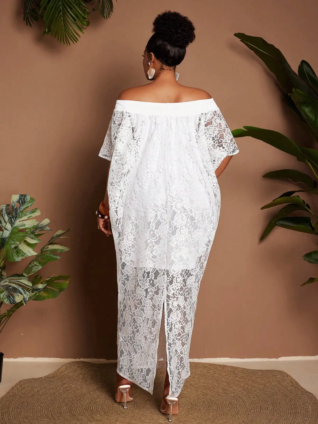 

Plus Size Women Lace Off Shoulder Loose Elegant Vacation Party Short Sleeve Dress