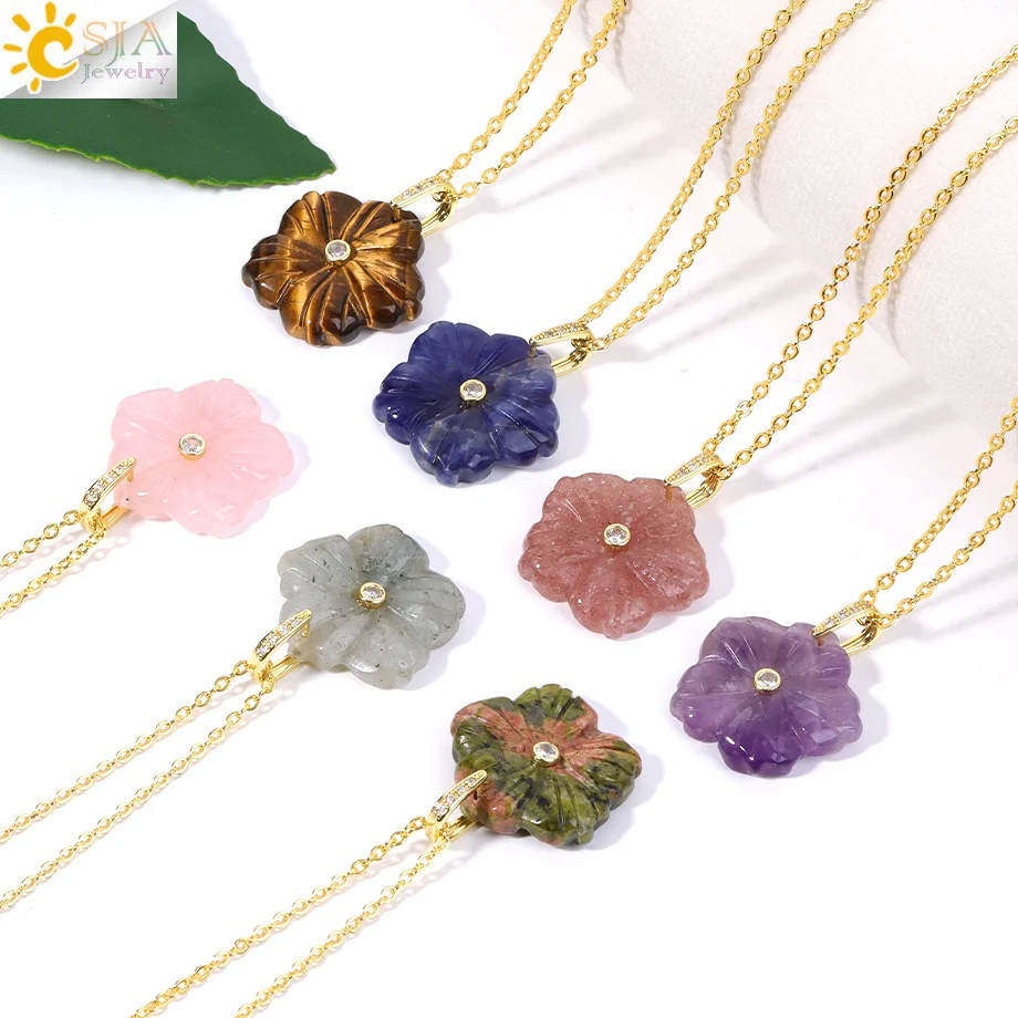 CSJA Kristallblumen-Anhänger Halskette Edelstahlkette Natürlicher Stein Geschnitzter Amethyst Charm für DIY-Zubehör H872