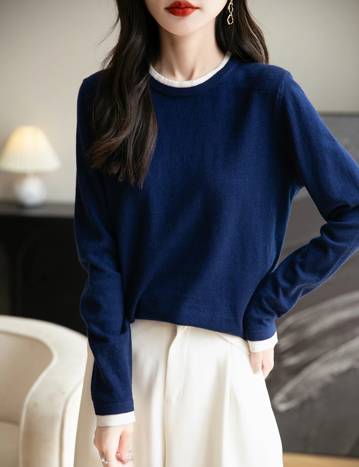 

Top Women O Neck Thin T-Shirt Knit New Pullover Summer Spring Fashion Basic Long Sleeve Wool Fake Two Pieces Soft Woman Clothing