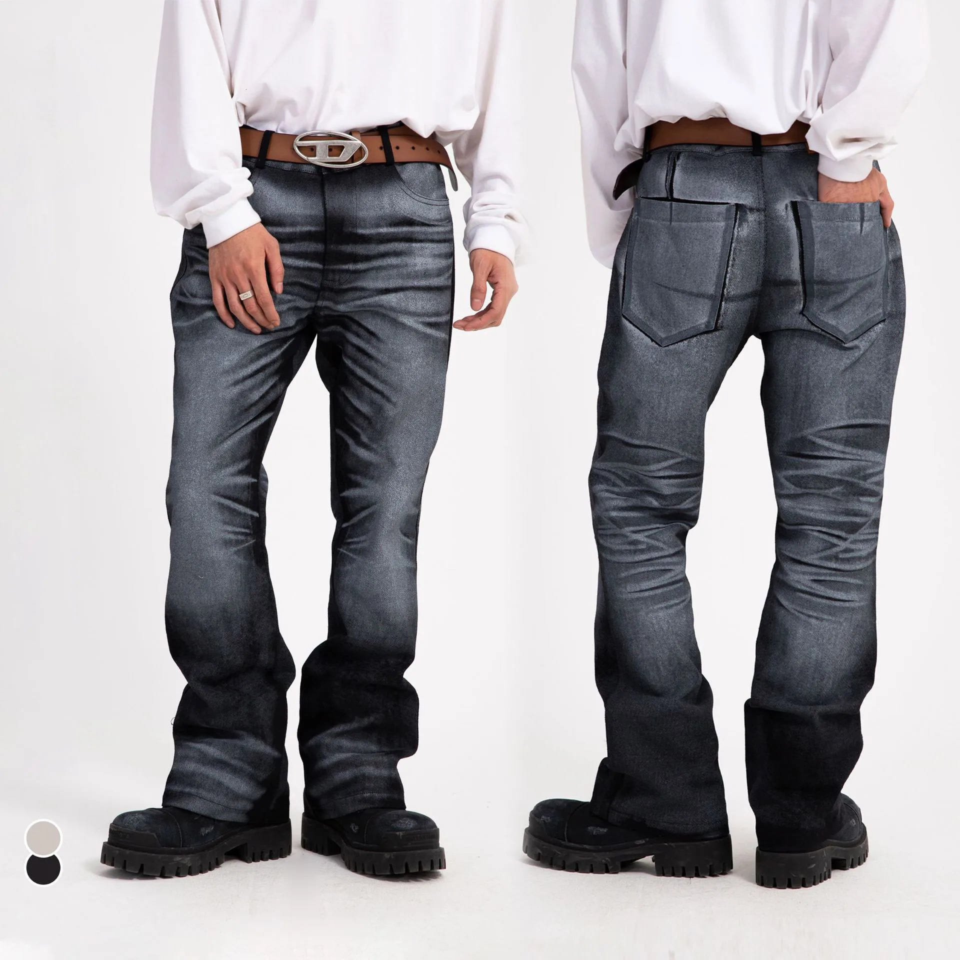 

High Street Fashion Heavy Industry Casual Jeans Unisex High Waist Gradient Micro Flare Men's Pants