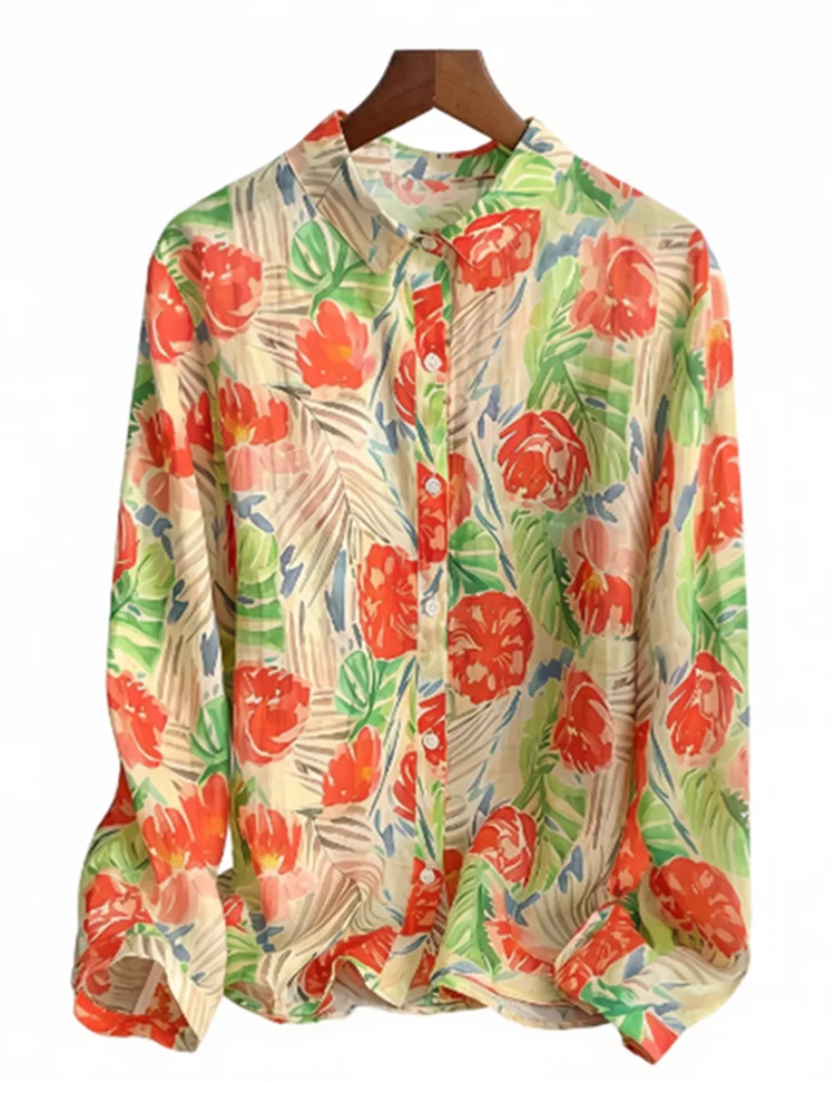 

Spring Summer New Artistic Retro Printed Cotton Linen Long Sleeved Shirt for Women Fashionable Thin Loose Casual Blouse Top S500