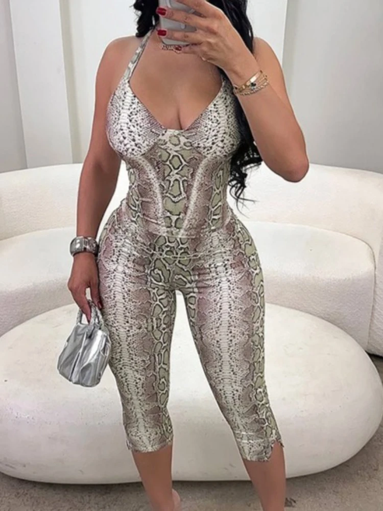 SsTss Damen-Overall, sexy, ärmellos, Schlangenmuster, Neckholder, modisch, V-Ausschnitt, rückenfrei, schmale Passform, figurbetont, sieben Punkte, einteiliger Overall