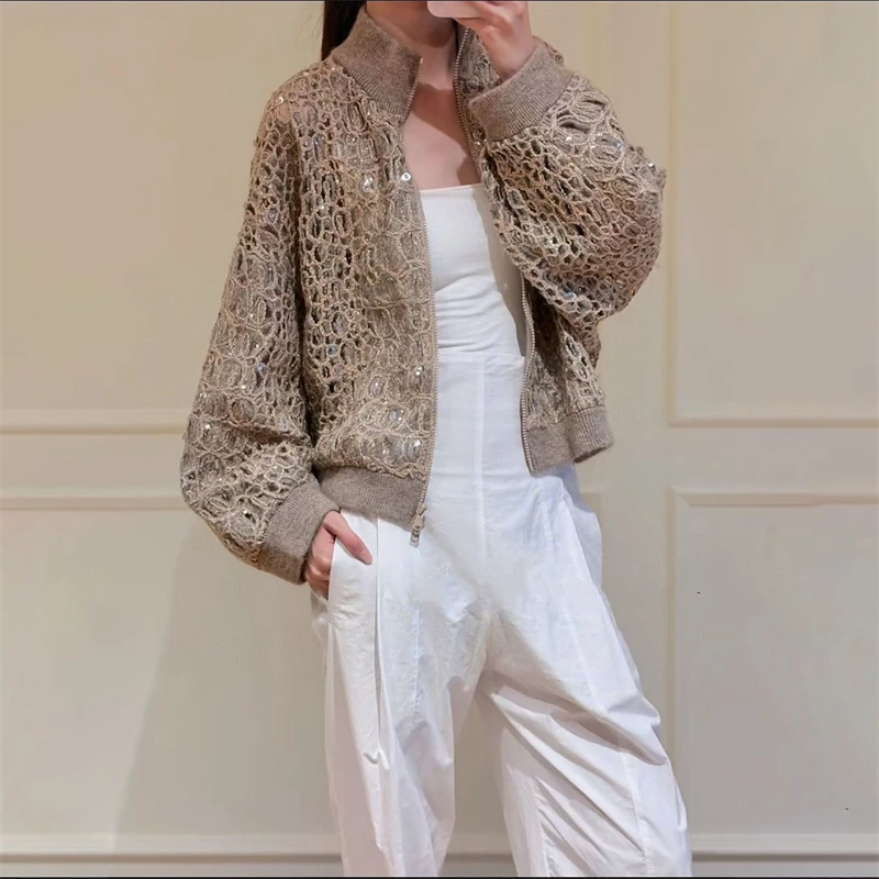 High-Quality Autumn New Wool Blend Sequin Hollow Short Zipper Knitted Jacket Casual Fashion Baseball Collar Knitwear