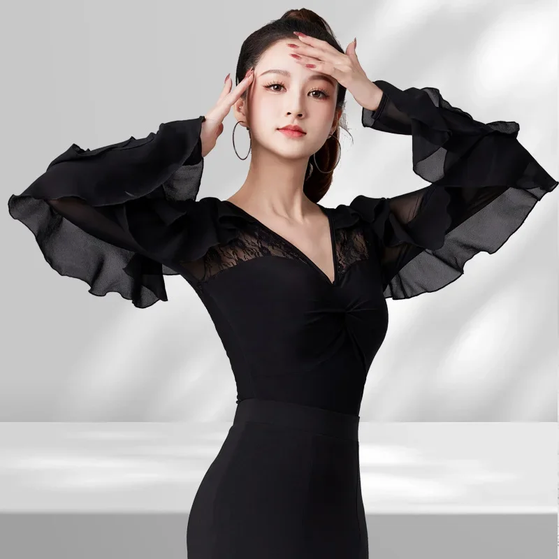 New Latin Dance Top Women Performance Ballroom Leotard Clothes National Standard Waltz Bodysuit Tango Blouse Practice Costumes