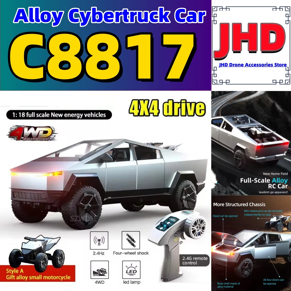 

JHD for 2025 New JJRC C8817 RC Car Alloy Rc Cybertruck Offroad Simulation Camping Equipment Pickup Truck Model Custom Toys
