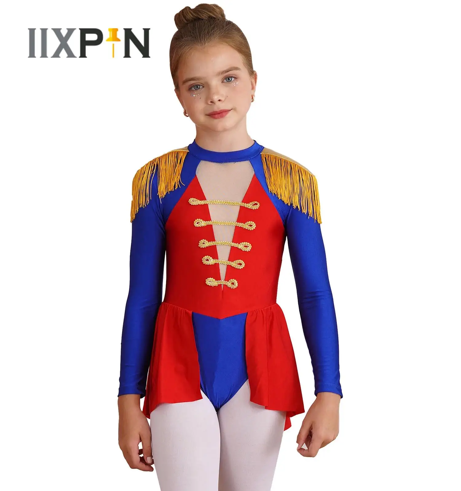 Halloween Circus Cosplay Drum Major Costume Kids Girls Long Sleeve Tassel Epaulet Short Jumpsuit with Skirt Coattails Dancewear