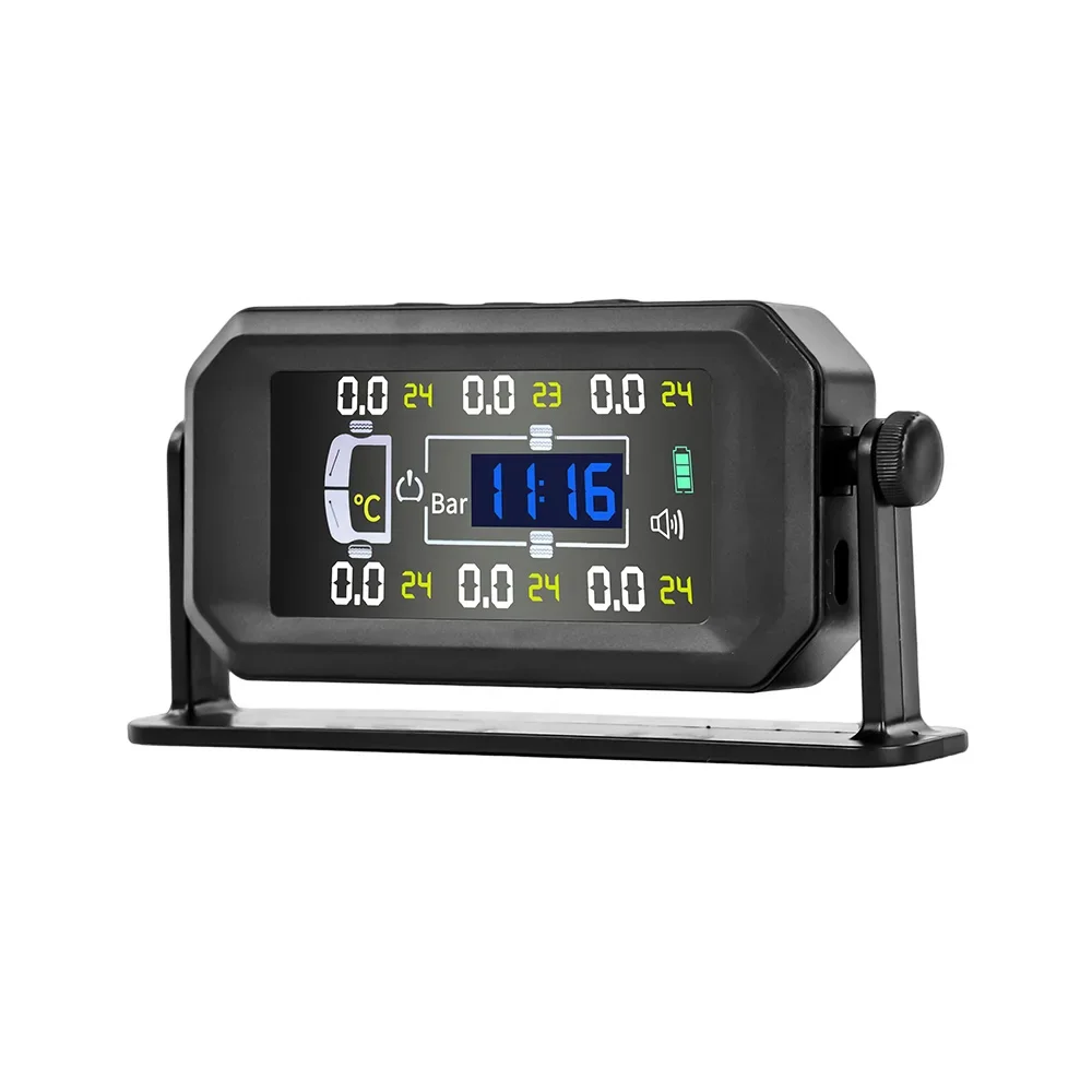 6 Sensors Tires TPMS for Truck Temperature & Pressure on The Same Screen Solar USB Cable Charging Risk Warning Tyre Safety Guard