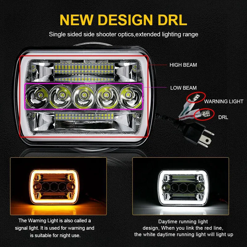 5X7inch 7X6inch LED Headlight Hi-Lo Beam Halo DRL For Jeep Cherokee XJ Wrangler YJ