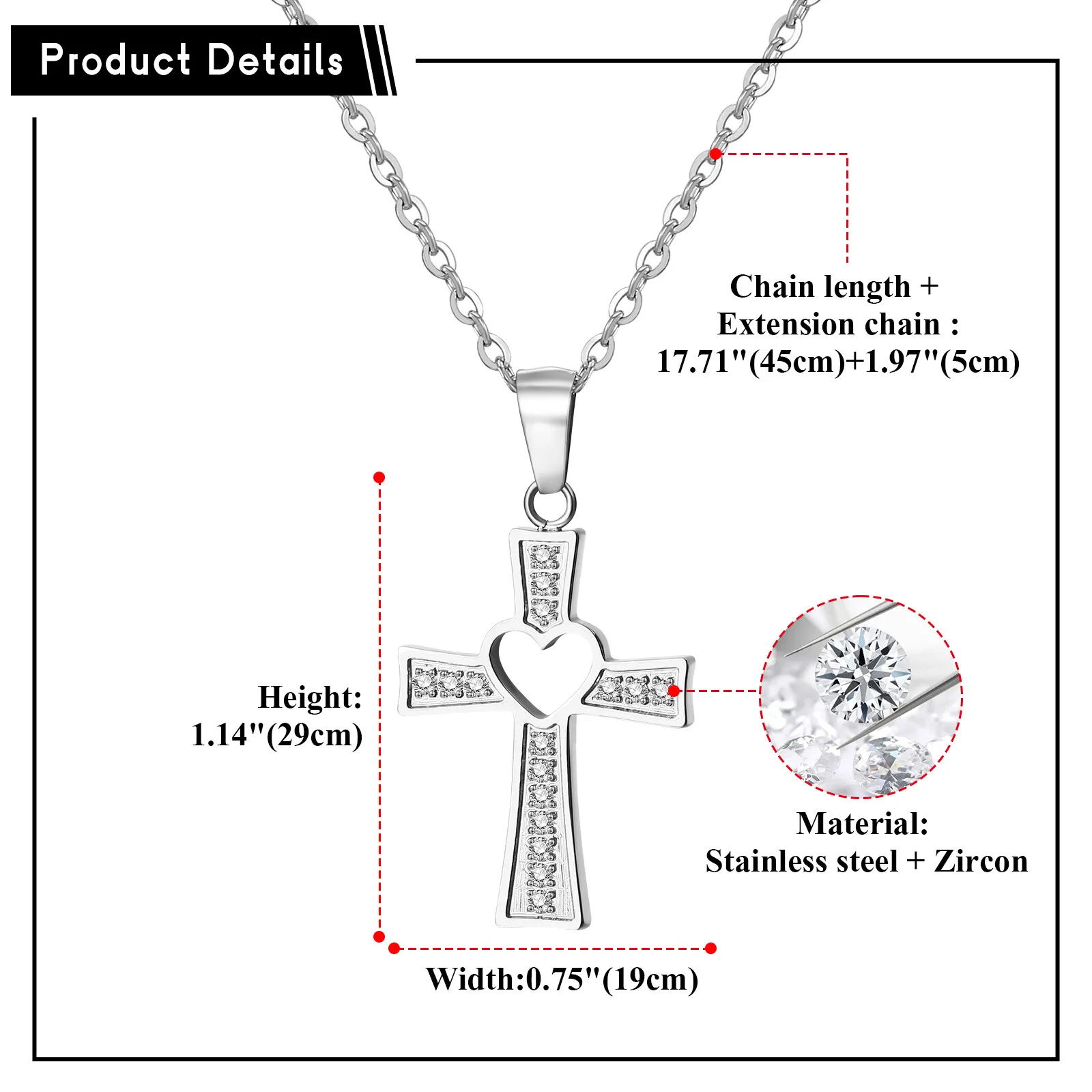 Hollow Heart Cross Necklace for Women CZ Cubic Zirconia Latin Cross Pendant Christian Faith Jewelry 18+2 Inch Gift for Her Mom