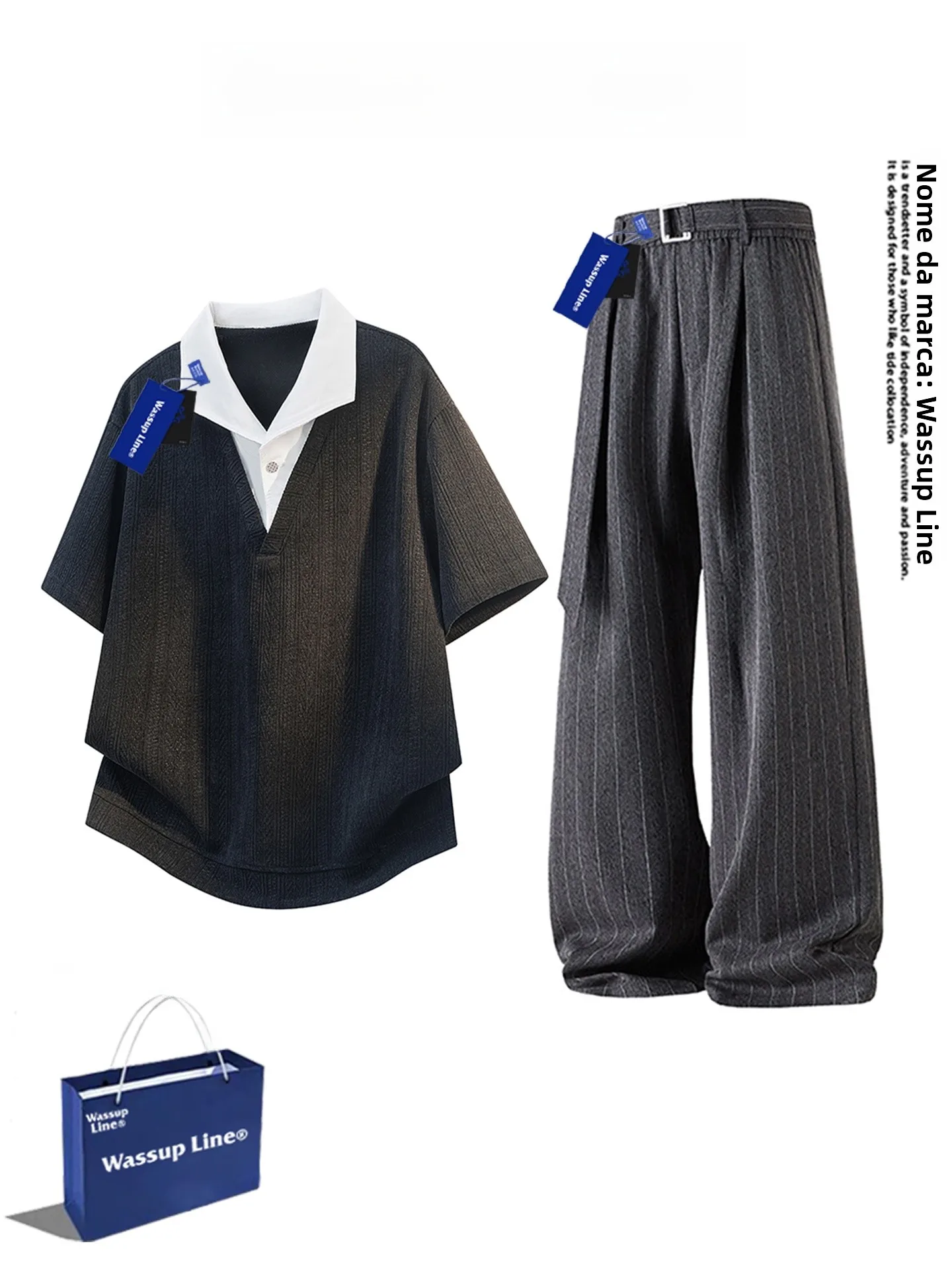 wassup-line-casual-versatile-men's-summer-short-sleeve-collared-t-shirt-and-pants-set-polyester-and-spandex-composite-fabric