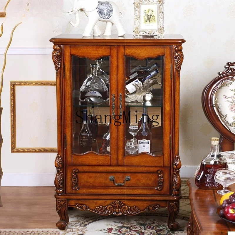 

CLdouble door small wine display side cabinet storage wine cabinet solid wood glass cabinet retro carved living room