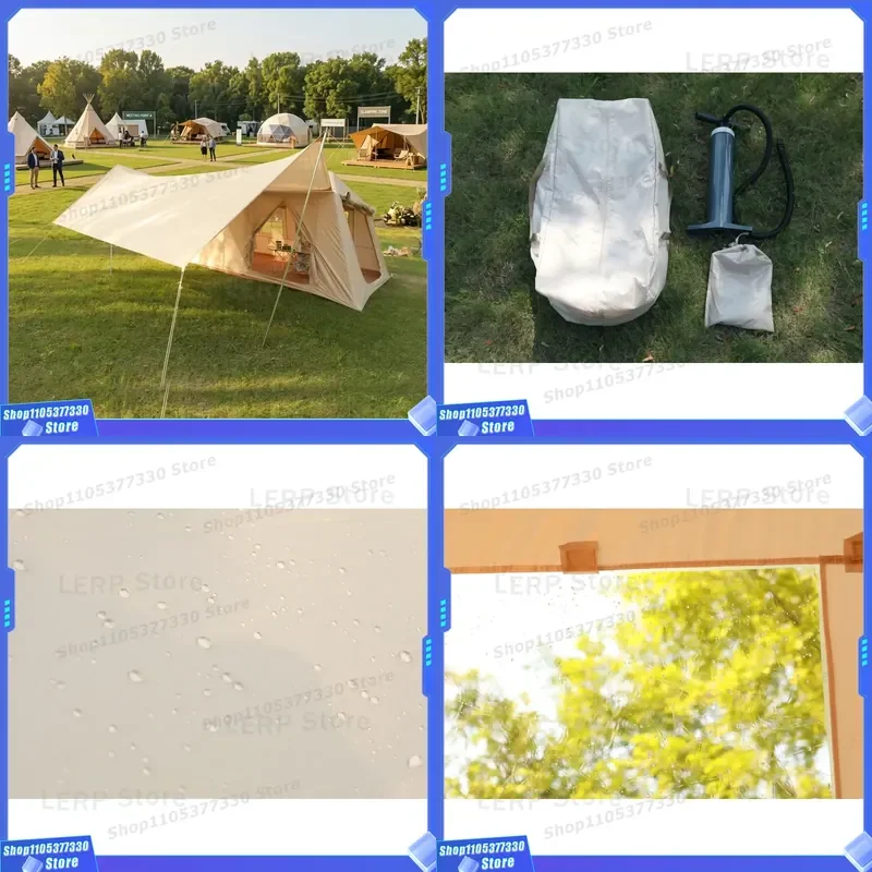 420D Heavy Duty Oxford Inflatable Tent 396x270cm Luxury Air Column Ridge Cabin Waterproof Glamping House Khaki Family Shelter