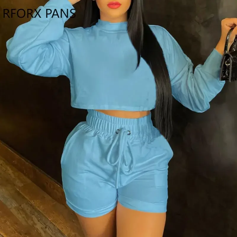 Women Solid Chic Half High Collar Long Sleeves Elastic Waist Drawstring Crop Top Short Sets