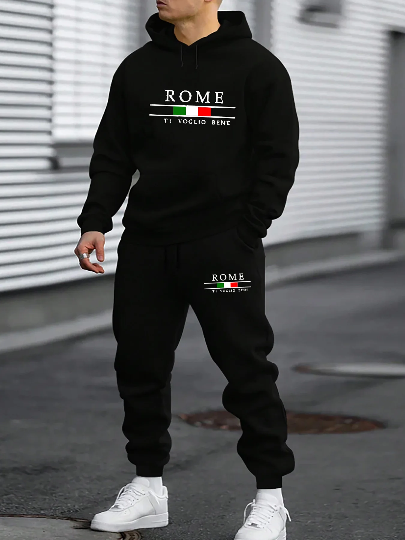 Conjunto de sudadera deportiva de terciopelo grueso y suelto con estampado de romo cálido a la moda informal de otoño/invierno para hombre + pantalones de chándal