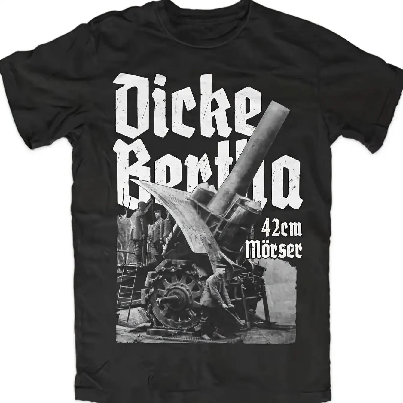 Men's Heavyweight Vintage WWI/WWII Bertha Cannon Graphic T-Shirt Black T-Shirt Historical Battlefield Design Shirt for Military