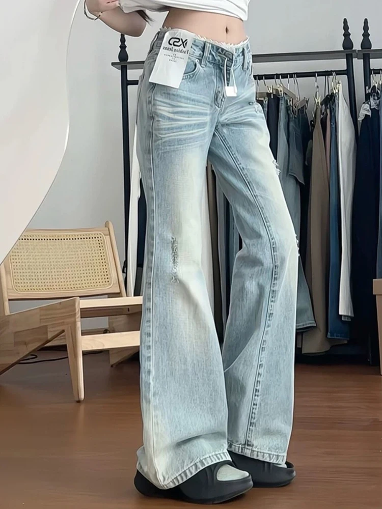 Low Waist Lace Splicing Straight Leg Slimming Ankle Length Women's Bell Bottom Jeans Commute Versatile Wide Leg Long Pants