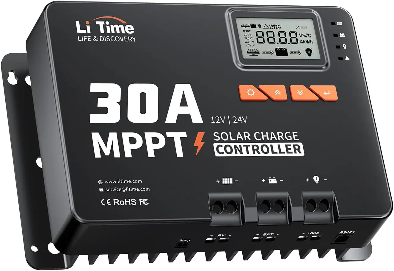 

Контроллер заряда солнечных батарей MPPT на 30 А с Bluetooth, регулируемым ЖК-дисплеем для автоматического входа постоянного тока 12В/24В, светодиодными индикаторами