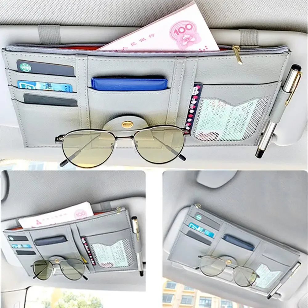 Car Glasses Storage PU Leather Multi-Function Sun Visor Point Organizer Storage Pocket Auto Sunglasses Holder Cards Organizer