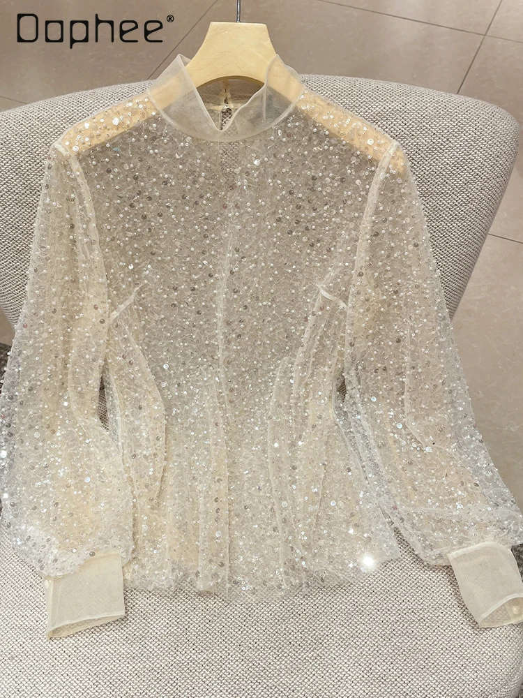 Beading Sequined Bottoming Shirt Mesh Luxury Women Fashion Stand Collar Long Sleeve Blouse See Through Female Tops Trend