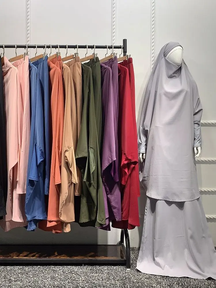 2 Pieces Muslim Prayer Long Sleeve Sets Robe Islamic Abaya Khimar Muslim Women Praying Hijab Dresses Islamic F2799
