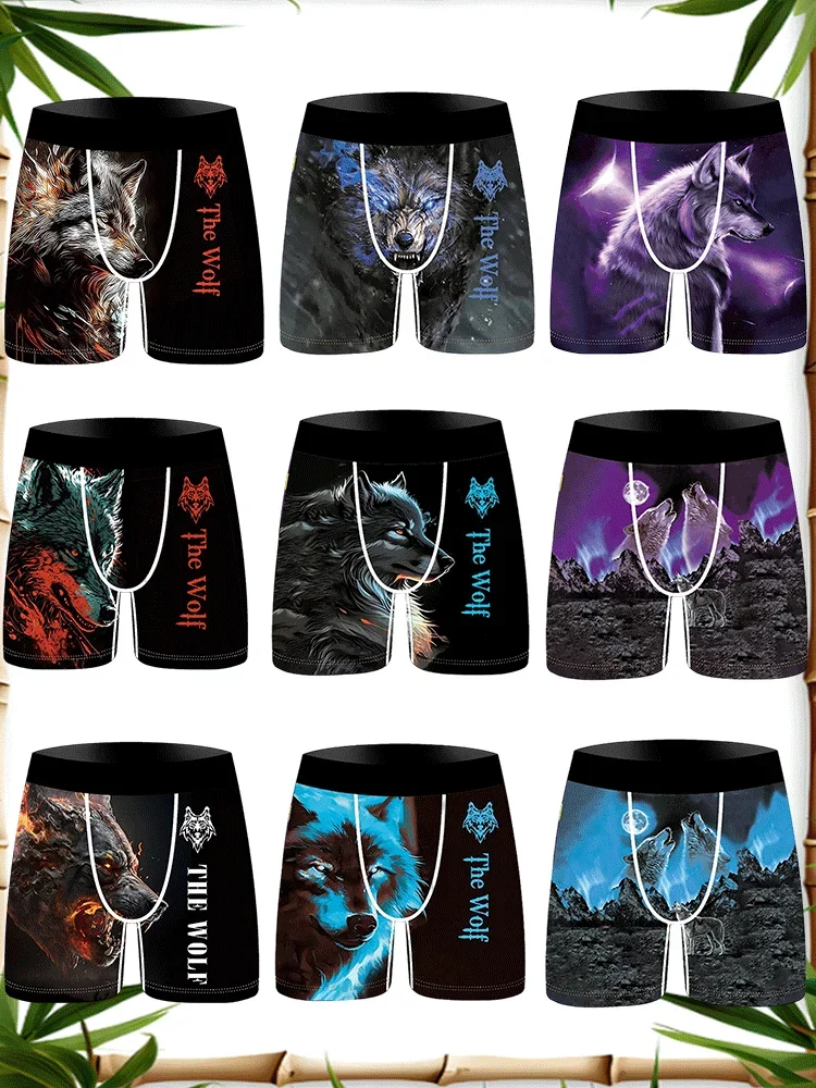 3D Hungry Wolf Printed Trendy Men's Briefs Ice Silk Youth Animal Printed Comfortable and Breathable Men's Briefs