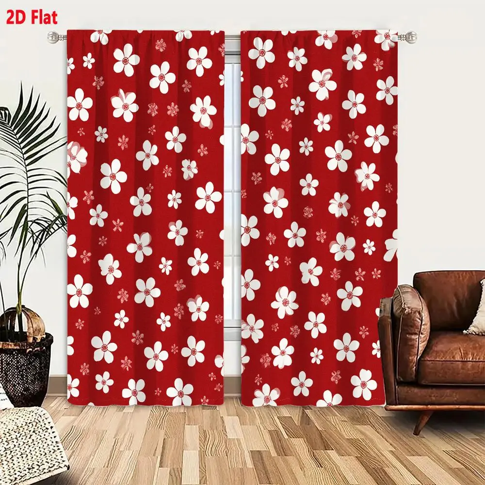 2Pcs Curtains 2D Flat Seamless Floral Pattern With White And Pink Flowers On Deep Red Background For Fabric Wallpaper Window Dra