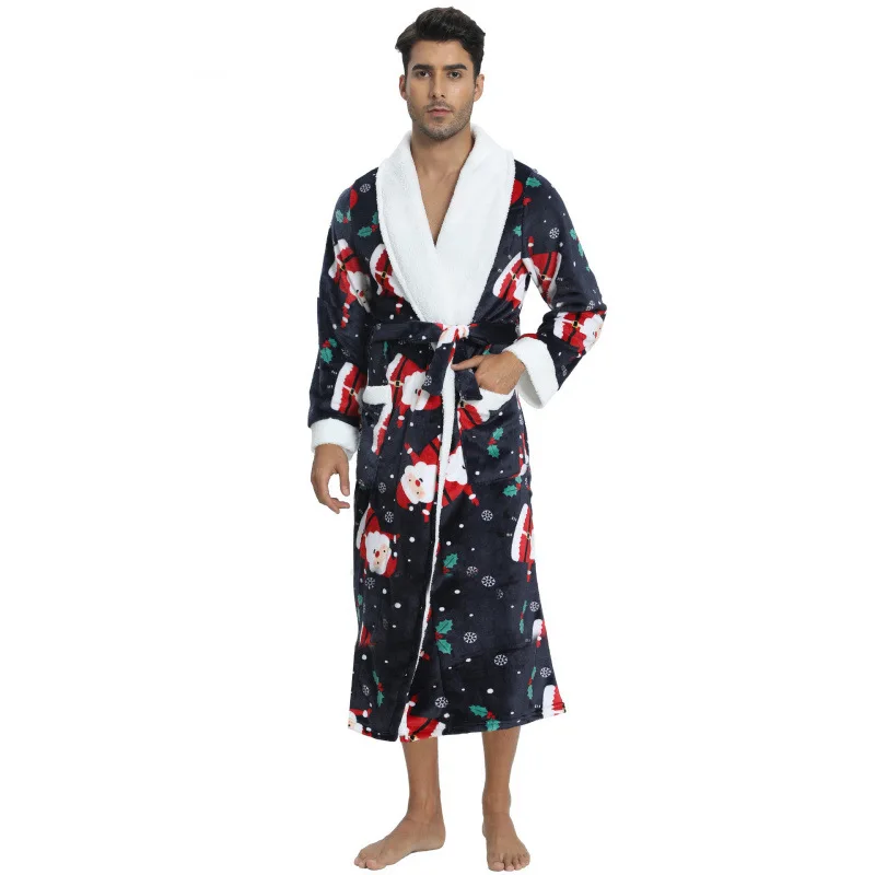 

Men's Plush Flannel Autumn Winter Christmas Theme Turn-Down Collar Long Bathrobe Man Warm Home wear robes